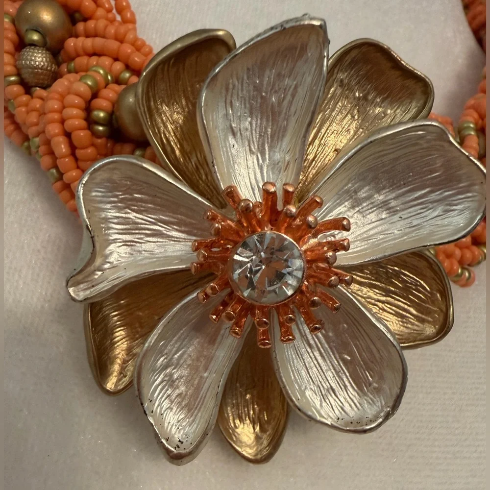 #764 Orange Beaded Statement Flower Necklace | Signed ✴️ Chunky Funky‎ & Bold ✴️